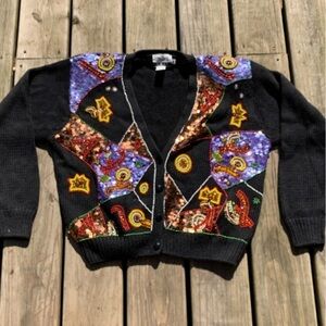 Vintage Marnie K Multi Color Sequin Pattern Cardigan Sweater Size M